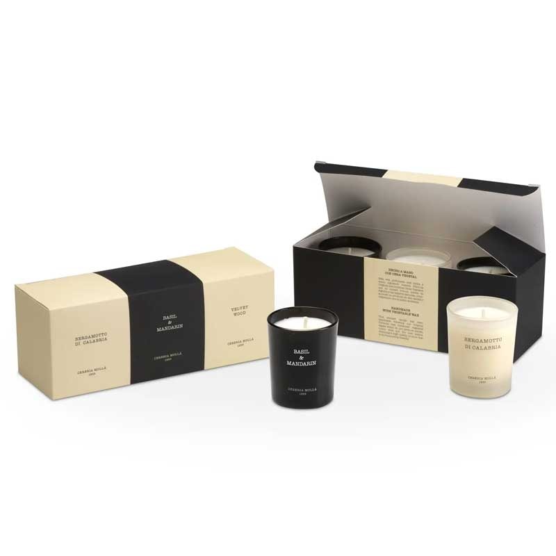 Set of 3 Candles Bergamotto di Calabria, Basil & Mandarin, Velvet Wood