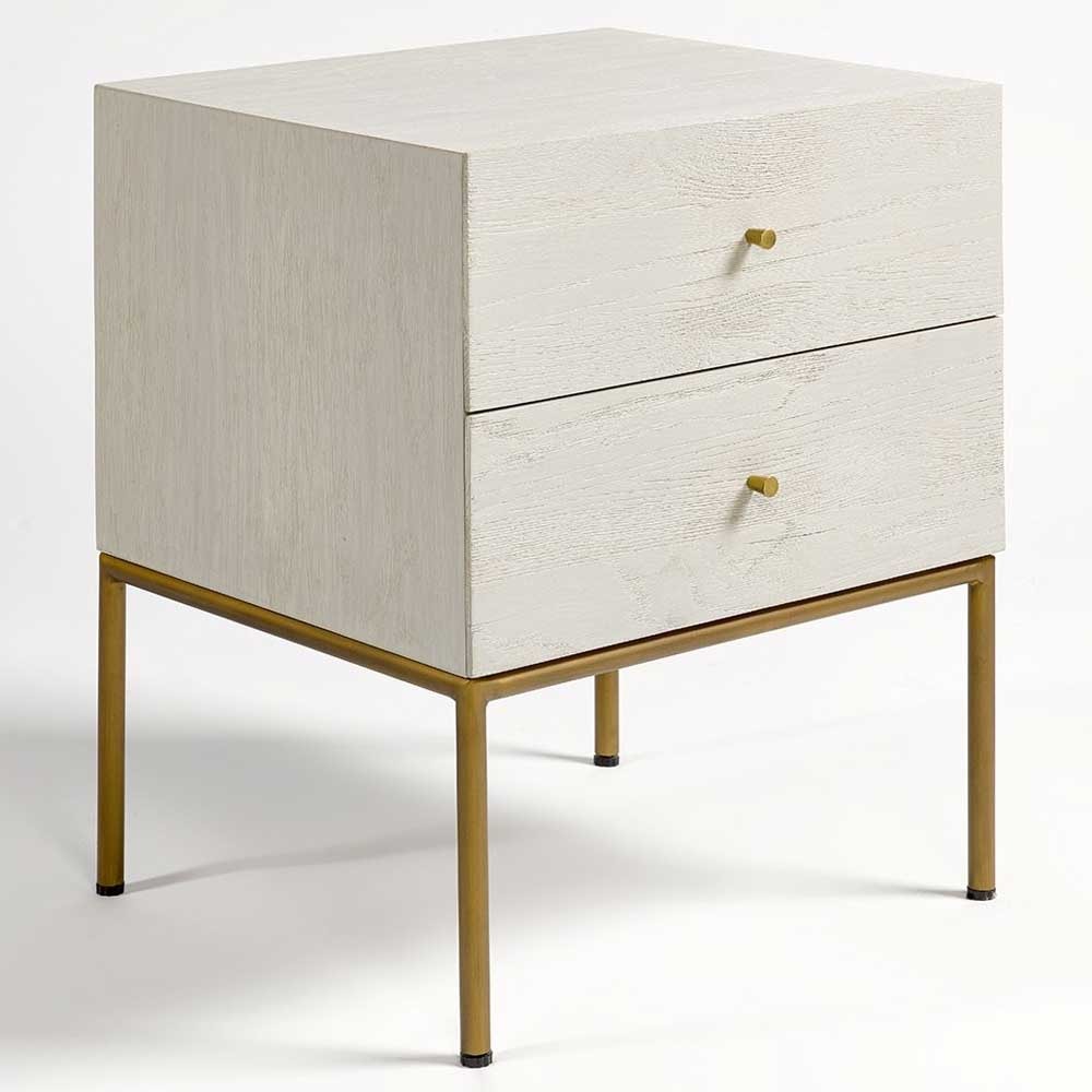Nightstand in Patinated Greyish White Oak with Aged Gold Metal Legs