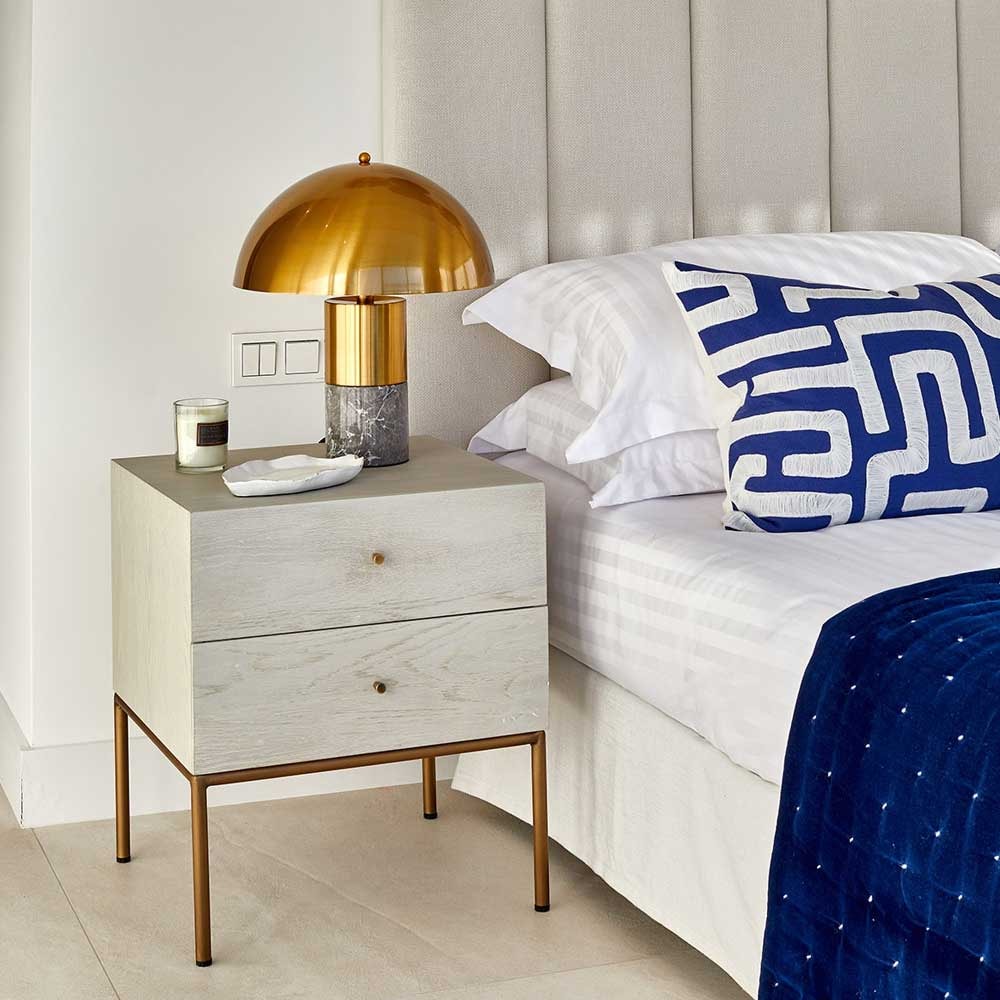 Nightstand in Patinated Greyish White Oak with Aged Gold Metal Legs