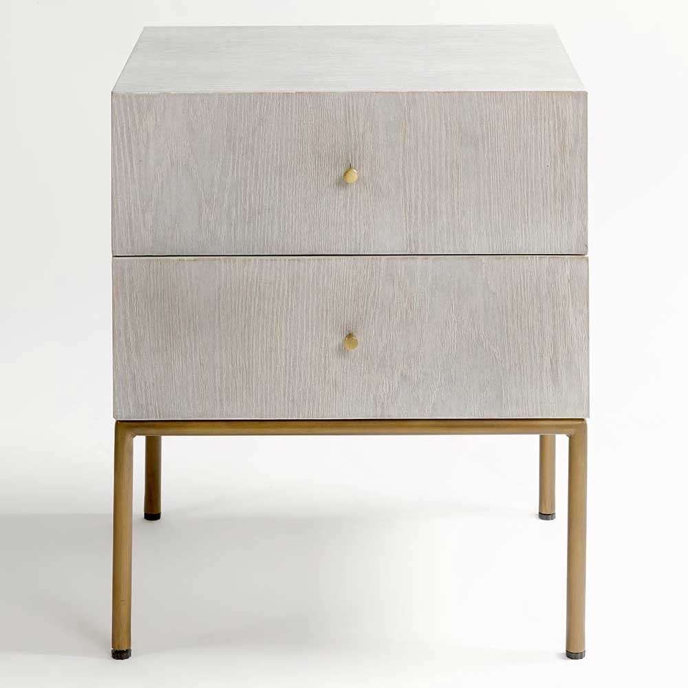 Nightstand in Patinated Greyish White Oak with Aged Gold Metal Legs