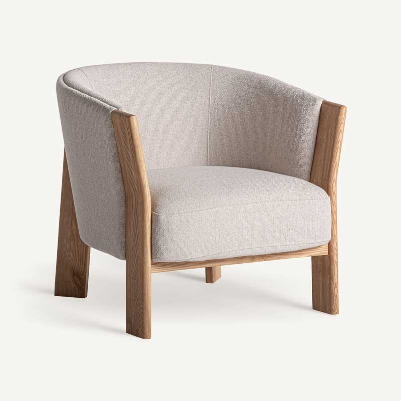 NARA Armchair – Oak Wood & Brown Polyester Upholstery (69×70×69 cm)